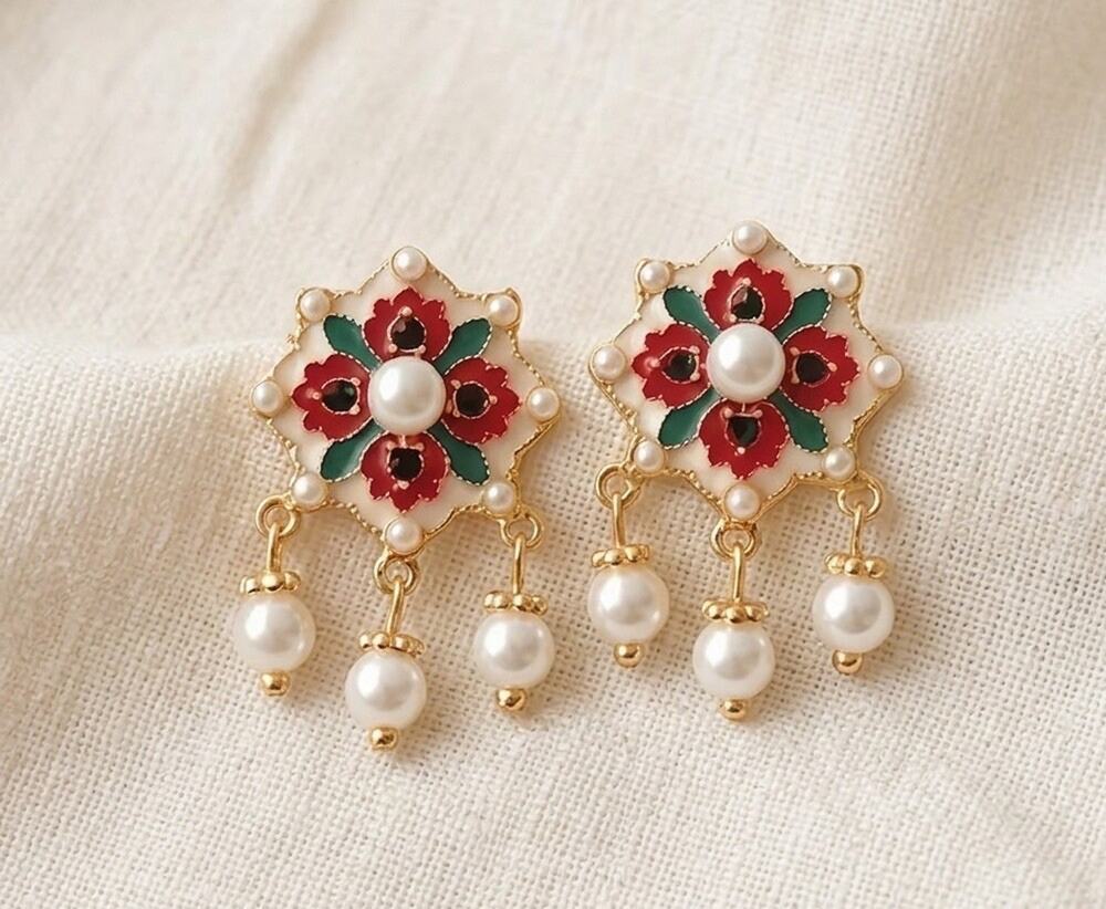 Museum Floral Pearl Earrings Antique Art Gold Cottagecore VTG CZ Boho Romantic